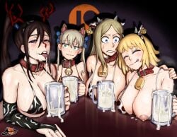 4girls bell_collar black_hair blonde_hair blonde_hair_female blue_eyes breasts_out collar cow_ears cow_girl cow_print cow_print_bikini cowbell cum cum_in_container cum_in_cup drinking elizabeth_thompson gokkun green_eyes large_breasts long_hair maka_albarn mobi_mobi multiple_girls nakatsukasa_tsubaki patricia_thompson pubic_hair purple_eyes soul_eater stray_pubic_hair