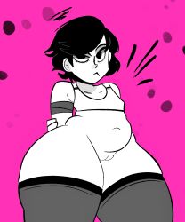 1girls :< angry arms_behind_back belly belly_button belly_overhang big_belly black_hair bottom_heavy bottomless bra chubby digital_media_(artwork) fat_rolls female goth original_character plump plump_labia pussy shellzzz short_hair shortstack slightly_chubby solo standing stockings thick thick_thighs thighhighs thighs