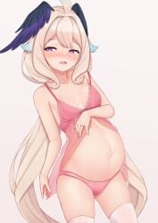 1girls blonde_hair blush clothing enna_alouette female long_hair looking_at_viewer matching_underwear negligee nijisanji nijisanji_en open_mouth panties pink_bra pink_panties pregnant pregnant_belly purple_eyes ring sleepypudding small_breasts spread_legs thighhighs underwear virtual_youtuber wedding_ring white_legwear white_thighhighs