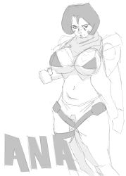 ana_amari belly belly_button big_breasts bikini bikini_top black_hair bra bunnyvenom egyptian m04n military military_uniform monochrome overwatch pants pose scarf short_hair sketch sketch_page smile straps