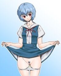 abemorioka ayanami_rei blue_background blue_hair female female_pubic_hair neon_genesis_evangelion red_eyes rei_ayanami uniform upskirt