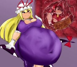 2girls after_vore animated big_belly big_breasts blonde_hair burp burping cleavage clothing digestion digestion_noises female gloves hat hughoftheskies large_breasts multiple_girls post_vore purple_hair reimu_hakurei ribbon sound stomach_bulge tagme touhou video vore vore_belly yukari_yakumo