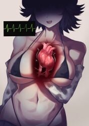 african_wild_dog_(kemono_friends) african_wild_dog_print animal_print arm_between_breasts big_breasts bikini breasts cardiac_monitor cardiogram cardiophilia collarbone female female_only grey_hair heart_(organ) heartbeat iparuputsua kemono_friends navel shorts x-ray