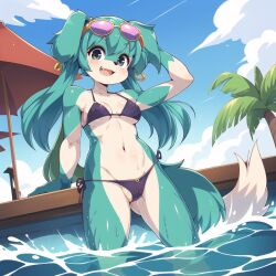 ai_generated anthro bikini cameltoe domestic_dog earrings fangs female green_fur hand_behind_head leaning_back nipple_outline open_mouth outdoors pool sklimaa smile solo splashing sunglasses sunglasses_on_head swimming teal_fur wet_body