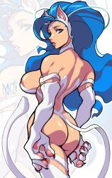 1girls animal_ears artist_name ass blue_hair capcom cat_ears catgirl darkstalkers felicia green_eyes hi_res large_breasts long_hair looking_back moiyablochki solo tail white_fur