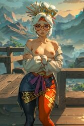 ai_generated exposed_breasts glasses looking_at_viewer purah purah_(tears_of_the_kingdom) shizmaboof solo_female tears_of_the_kingdom the_legend_of_zelda white_hair