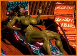 1girls 3d 3d_(artwork) abs artist_logo artist_name big_breasts bikini_bottom black_hair border breasts busty cigarette female female_only giant_breasts green-skinned_female green_body green_eyes green_skin hourglass_figure huge_breasts hulk_(series) legs lipstick long_hair marvel marvel_comics muscle_girl muscular muscular_female muscular_legs muscular_thighs nipple_piercing nipples phone pierced_nipples she-hulk solo sunbathing sunglasses thighs toned toned_body toned_female topless veiny_legs veiny_muscles zeblacktiger