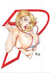 1girls big_breasts blonde_hair blue_eyes bob_cut breasts busty curvaceous curvy curvy_body curvy_figure dc dc_comics ed_benes_studio female_focus female_only fred_benes hi_res hourglass_figure huge_breasts justice_society_of_america kara_zor-l karen_starr large_breasts looking_at_viewer looking_pleasured medium_hair power_girl seductive seductive_look sensual short_hair superman_(series) thick upper_body voluptuous voluptuous_female