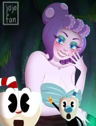 arm_scar blue_eyes blush blush_lines boobs cala_maria cave cuphead cuphead_(game) eyeshadow light_purple_body meme meme_reference mugman octopus octopus_tentacles pointing purple_body purple_hair purple_skin shell_bra smile smiling the_cuphead_show thesuperjojofan