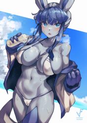 animal_ears anthro anthrofied beach big_breasts bikini black_nose blue_eyes blue_hair blue_skin bottle breasts cameltoe collarbone cute_fang eeveelution eipelppa female furry game_freak generation_4_pokemon glaceon heavy_breathing holding_bottle holding_object humanized iepelppa iparuputsua ipelppa looking_at_viewer nintendo pokemon pokemon_(species) sunscreen sweat sweater tail thick_thighs undressing