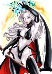 1girls chaos_comics coffin_comics death_(personification) ed_benes_studio female_focus grim_reaper hi_res lady_death long_hair looking_at_viewer queen_of_the_dead seductive_look voluptuous voluptuous_female white_body white_hair