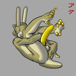 anthro ass balls bodily_fluids clawed_fingers claws genital_fluids genitals green_body handles hi_res humanoid_hands lagomorph leporid lying male mammal monster on_back pawpads penis precum rabbit rabbit_ears scut_tail short_tail solo tail thecore34 toe_claws yellow_penis