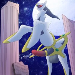 animal_genitalia animal_penis arceus balls big_penis bodily_fluids cum cumshot detailed_background digital_media_(artwork) ejaculation equine_genitalia equine_penis erection feral generation_4_pokemon genital_fluids genitals glowing glowing_eyes hi_res legendary_pokemon looking_at_viewer male mammal moon multicolored_penis nintendo outside penis pokemon pokemon_(species) presenting red_eyes sky solo spear_pillar tail text two_tone_penis varium white_body