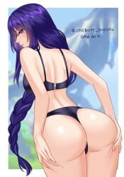 1girls ass ass_focus ass_grab bare_shoulders blush bra braid breasts cameltoe deep_skin female from_behind genshin_impact highres huge_ass large_breasts leaning leaning_forward long_hair looking_at_viewer looking_back purple_eyes purple_hair raiden_shogun roychan_art shiny_skin sideboob single_braid solo thick_thighs thighs thong underwear very_long_hair