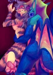 absurd_res anthro dragon duo ear_piercing fangs felid female forked_tongue gauged_ear hi_res looking_pleasured male male/female mammal pantherine piercing pinned scales scalie spoilla stripes teeth tiger tongue wings