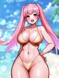 alternate_costume bikini blush breasts cleavage female female_only fire_emblem fire_emblem:_three_houses gold_bikini gold_swimsuit hilda_valentine_goneril jaxartdump navel nintendo pink_eyes pink_hair solo swimsuit twintails yellow_bikini yellow_swimsuit