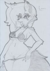 2023 anthro bedroom_eyes bikini bikini_pull blush bodily_fluids bottomwear bottomwear_pull breasts canid canid_demon canine clothing clothing_pull collar demon drooling female genital_fluids genitals graphite_(artwork) hair hellhound helluva_boss innie_pussy looking_at_viewer loona_(helluva_boss) lunaris_parukia mammal narrowed_eyes navel piercing pussy pussy_juice saliva seductive solo spiked_collar spikes swimwear swimwear_pull tongue tongue_out traditional_media_(artwork)