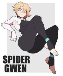 1girls armpit_cutout armpits asymmetrical_hair barefoot blonde_female blonde_hair blue_eyes feet female female_only gwen_stacy hanesaki looking_at_viewer marvel marvel_comics medium_breasts short_hair solo spider-gwen spider-man:_across_the_spider-verse spider-man:_into_the_spider-verse spider-man_(series) toeless_legwear