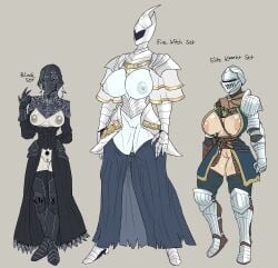 absurd_res anri_of_astora armor bottomwear breastless_clothes breastless_clothing breasts casual_exposure casual_nudity chorsinnell39 cleavage_cutout clothed clothing dark_nipples dark_souls dark_souls_3 elite_knight female fire_witch fromsoftware genitals group headgear helmet hi_res hidden_face human knight mammal nipple_piercing nipple_slip nipples pale_body pale_skin piercing pubes pussy size_difference skimpy skimpy_armor skirt trio unconvincing_armor undead warrior yuria_of_londor