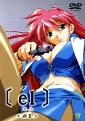 1girls 2000s 2000s_and_2010s_style 2001 2d 2d_(artwork) big_breasts blue_eyes breasts cleavage clothed_female dvd_cover earrings el/elle el_miles_(el/elle) female female_focus female_only gun long_hair long_red_hair looking_at_viewer looking_back low_res lowres miniskirt nail_polish nutech_digital pantyhose pointing_gun_at_viewer red_hair skirt smile solo solo_female solo_focus