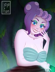 arm_scar blue_eyes blush blush blush_lines cala_maria cave cuphead_(game) eyeshadow light_purple_body octopus octopus_tentacles purple_body purple_hair purple_skin shell_bra smile smiling the_cuphead_show thesuperjojofan