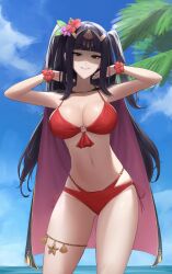 1girls alternate_costume bikini black_hair blue_sky breasts cape cleavage cowboy_shot english_commentary female female female_only fire_emblem fire_emblem_awakening fire_emblem_heroes flower grin hair_flower hair_ornament highres large_breasts long_hair looking_at_viewer navel nintendo o-ring o-ring_top ocean official_alternate_costume palm_tree red_bikini red_flower red_swimsuit shou_illust sky smile solo swimsuit tharja_(fire_emblem) tharja_(summer)_(fire_emblem) tiara tree two_side_up