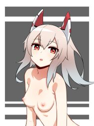 1girls :o ayanami_(azur_lane) azur_lane expressionless female female_only headgear headwear long_hair nezuko_(artist) nipples open_mouth ponytail red_eyes shiny_hair shiny_skin small_breasts solo teeth tongue upper_body upper_body_focus white_hair