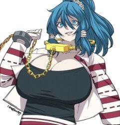 black_shirt blue_hair crazy_eyes hair_tubes huge_breasts mizuchi_miyadeguchi smirk striped_clothing touhou ultragruntyy