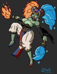 big_breasts big_lips bluestarwishes cleavage fusion fusion_character gerudo gilf green_skin large_breasts magic_user nintendo nipple_slip ocarina_of_time pointy_nose silver_hair the_legend_of_zelda the_legend_of_zelda:_ocarina_of_time twinrova voluptuous winking_at_viewer witch yellow_eyes