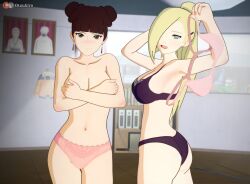 2girls arm_behind_head ass big_breasts blonde_hair blue_eyes blunt_bangs boruto:_naruto_next_generations bra bra_removed brown_eyes brown_hair covering covering_breasts covering_self crossed_arms curvaceous double_bun embarrassed female female_only hair_bun hokage_office indoors ino_yamanaka inviting inviting_to_sex koikatsu mature mature_female milf multiple_girls naruto naruto_(series) office oppai otsukira panties parted_bangs patreon_username ponytail removing_bra removing_underwear tenten text tied_hair topless topless_female underwear underwear_removed undressed undressing undressing_another undressing_partner url watermark yamanaka_ino