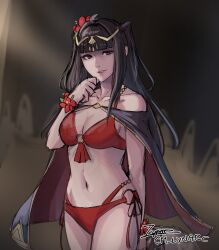 1girls alternate_costume bikini breasts cape cm_lynarc female female_only fire_emblem fire_emblem_awakening fire_emblem_heroes flower hair_flower hair_ornament highres looking_at_viewer nintendo o-ring o-ring_bikini official_alternate_costume red_bikini red_swimsuit signature smile solo swimsuit tharja_(fire_emblem) tharja_(summer)_(fire_emblem)