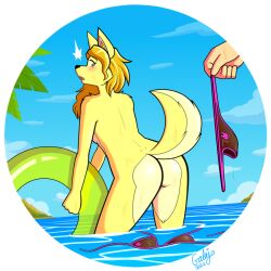 anthro ass back backside beach bikini bikini_bottom bikini_malfunction bikini_top blush canine canine_humanoid embarrassed embarrassed_nude_female enf fur furry galajo looking_back naked naked_female no_humans nude nude_female tail unintentional_exhibitionism wardrobe_malfunction yellow_fur