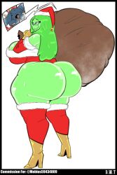 1girls 2020 artist_name ass ass_focus back_view big_ass big_breasts breasts christmas christmas_clothing christmas_outfit cleavage commission dat_ass dongwongtang english_text fat_ass female female_focus gigantic_ass glasses green_hair green_skin high_heel_boots holding_sack huge_ass huge_breasts huge_thighs large_ass large_breasts long_hair mature_female no_underwear original original_character rear_view sack sam_(mobiustheice) solo solo_focus text thick_thighs white_background wide_hips