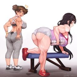 big_breasts big_butt black_hair breasts brown_hair butt butt_envy clothed hands_on_butt hands_on_own_butt huge_butt jun_suzuki_(k-on!) k-on! keigi_(artist) large_butt long_hair mio_akiyama_(k-on!) muscular_female surprised thick_thighs weightlifting workout_clothes