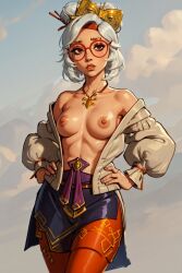 ai_generated exposed_breasts glasses hands_on_hips necklace purah purah_(tears_of_the_kingdom) shizmaboof solo_female tears_of_the_kingdom the_legend_of_zelda white_hair