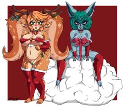 2girls animal_ears breasts captainshadow christmas christmas_ornaments furry furry_female green_hair highres league_of_legends long_hair multiple_girls poppy simple_background snow_fawn_poppy twintails twitter_username vex_(league_of_legends) yordle