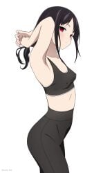 absurdres accurate_art_style adjusting_hair armpits black_hair black_pants black_sports_bra breasts closed_mouth collarbone coro_fae covered_nipples cowboy_shot expressionless female from_side fully_clothed head_tilt high-waist_pants highres kaguya-sama_wa_kokurasetai_~tensai-tachi_no_renai_zunousen~ leggings light_blush long_hair looking_at_viewer midriff official_style paid_reward_available pants red_eyes shinomiya_kaguya sidelocks simple_background small_breasts solo sports_bra sportswear twitter_username white_background