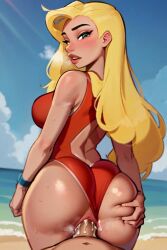 1boy 1girls ai_generated backless_swimsuit beach blonde_female blonde_hair cum_in_pussy cum_inside disney hand_on_butt hawaiian lifeguard lifeguard_(lilo_and_stitch) lilo_and_stitch long_hair looking_back mouth_open one-piece_swimsuit penetration red_swimsuit shizmaboof straight straight_hair straight_sex swimsuit swimsuit_aside tan_skin unseen_male_face vaginal_penetration