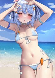 absurdres animal_ears beach bikini blue_bikini blue_hair blue_nails blush braid breasts carrot_hair_ornament choker cleavage cloud collarbone female food-themed_hair_ornament frilled_bikini frills hair_ornament highres hololive hololive_fantasy hololive_japan kkato looking_at_viewer medium_breasts micro_bikini multicolored_hair navel open_mouth outdoors rabbit_ears rabbit_girl short_hair short_twintails side-tie_bikini_bottom sky solo streaked_hair swimsuit thick_eyebrows twintails two-tone_hair usada_pekora virtual_youtuber white_choker white_hair