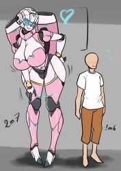 1boy 1girls arcee arcee_(g1) big_breasts bigger_female blue_eyes blush built-in_high_heels busty cleavage cleavage_overflow faceless_character faceless_male female giant_breasts glowing glowing_eyes heeled_feet heels height_difference huge_breasts human male pink_skin robot robot_girl robot_humanoid shorter_male smaller_male smile smiling taller_girl thick_thighs transformers transformers_g1 visor_(eyewear) voluptuous voluptuous_female wide_hips zzvinniezz