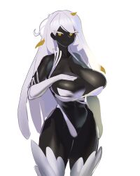 black_skin cleavage gya_rb hand_on_breast huge_breasts midriff original thick_thighs white_hair yellow_eyes