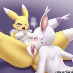 2females ai_generated anthro cunnilingus digimon gatomon nude_female pussy_juice pussy_juice_drip pussy_licking renamon