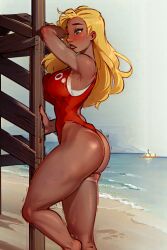 1girls ai_generated armpits beach blonde_female blonde_hair disney facing_away female female_only fully_clothed hawaiian lifeguard lifeguard_(lilo_and_stitch) lilo_and_stitch long_hair one-piece_swimsuit red_lipstick red_swimsuit shizmaboof solo solo_female straight_hair swimsuit tan_skin thick_thighs