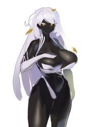 black_skin cleavage gya_rb hand_on_breast huge_breasts midriff original thick_thighs white_hair yellow_eyes