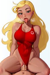 1boy 1girls ai_generated blonde_female blonde_hair blush creampie cum_in_pussy cum_inside disney drooling green_eyes hawaiian lifeguard lifeguard_(lilo_and_stitch) lilo_and_stitch long_hair on_top one-piece_swimsuit penetration red_swimsuit shizmaboof straight straight_hair straight_sex swimsuit swimsuit_aside tan_skin thick_thighs tongue_out unseen_male_face vaginal_penetration