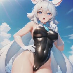 ai_generated beach big_breasts blue_eyes bunny_ears bunny_girl bunnysuit fit_female hi_res long_gloves original_character pussy_visible_through_clothes tagme thick_thighs tie tsundere_face user_lovespike white_hair