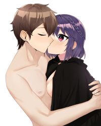 1boy 1girls black_cape braid breasts cape couple fault_milestone female hug kissing kissing naked_cape nude nude_male nude_male_clothed_female pink_eyes purple_hair ritona_reighnvhasta straight wholesome