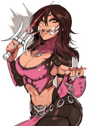 1girls almightychiru belt belt_buckle big_breasts big_thighs black_hair blood breasts edenian female female_only fully_clothed midriff mileena mortal_kombat mortal_kombat_x purple_skin sai_(weapon) sharp_teeth solo solo_female tarkatan thighs tongue tongue_out weapon yellow_eyes