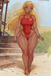 1girls ai_generated big_lips big_thighs blonde_female cameltoe child_bearing_hips disney female female_only green_eyes green_eyes_female hawaiian hourglass_figure lifeguard lifeguard_(lilo_and_stitch) lilo_and_stitch long_hair nipples_visible_through_clothing one-piece_swimsuit red_swimsuit sand shizmaboof straight_hair swimsuit tan_skin thick_thighs