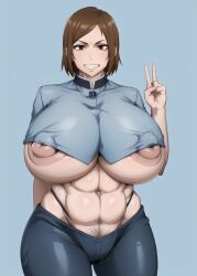 1girls abs ai_generated alternate_breast_size areola_slip arm_behind_back blue_jacket blue_pants brown_eyes brown_hair curvy female female_only grin hand_up huge_breasts huge_nipples hyper_breasts jujutsu_kaisen kugisaki_nobara kunaboto_(style) looking_at_viewer navel nipple_slip panty_straps pubic_hair pubic_hair_peek school_uniform shiny_skin short_hair skin_tight solo stable_diffusion standing style_parody v_sign venus_body